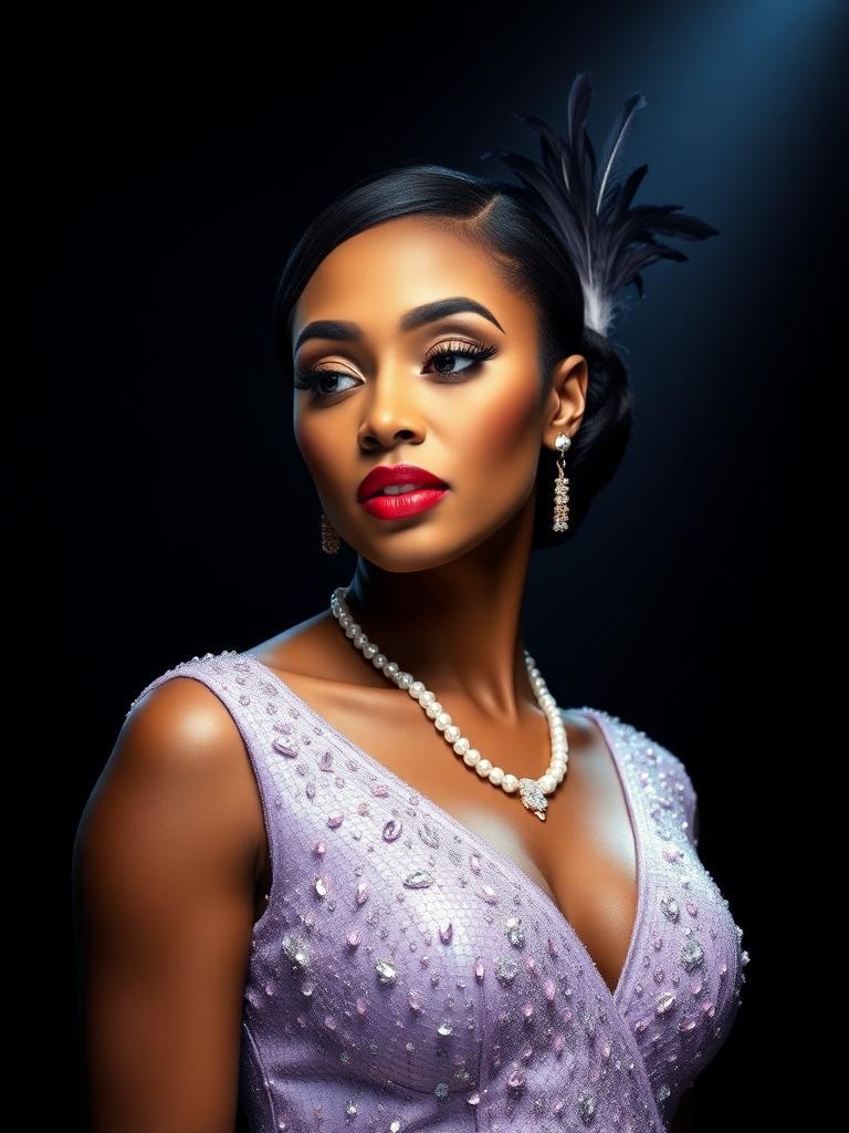 "Create a dramatic digital art piece with a harsh spotlight effect. The subject is a beautiful African American woman wearing a shiny, light purple sequined gown with beaded details. She has gold eyeshadow, red lips, and perfect brows. A diamond necklace and pearl earrings sparkle. Her hair is in a low bun with a feather accessory. Place her off-center in the frame, isolated in a intense beam of light. The light creates extreme contrast, with deep shadows surrounding her, making the dark background disappear. The spotlight highlights every detail of her face and gown, making her feel exposed and vulnerable. Emphasize the sense of drama and tension, while maintaining a sense of mystery and strength. The woman stands out alone, illuminated only by the harsh, direct light, with everything outside the beam feeling hidden and insignificant."