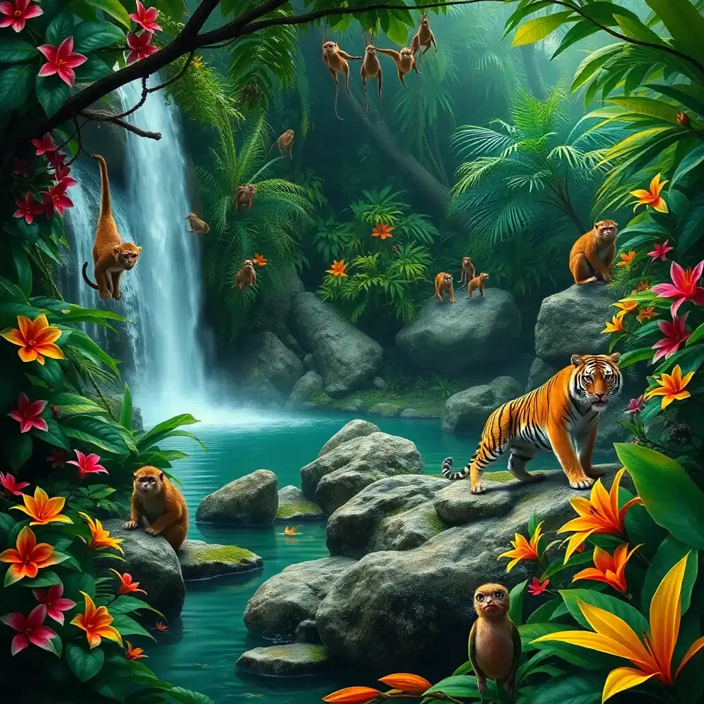 A hidden tropical paradise, where waterfalls cascade into natural pools surrounded by dense jungle. Exotic flowers bloom in every direction, their petals rich with vibrant hues. A family of playful monkeys swings from the vines while a lone tiger watches from the shade, its amber eyes gleaming. The air is thick with the songs of unseen creatures, and the entire scene feels like a glimpse into a lost Eden.