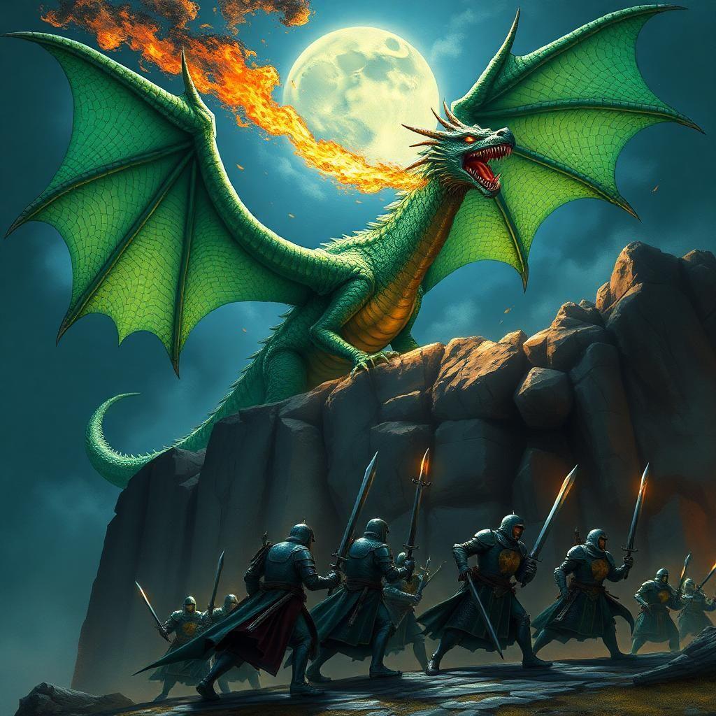 A towering dragon with shimmering emerald scales perches on a rocky cliff, its massive wings spread wide as it breathes a torrent of fire into the night sky. Below, a group of armored knights prepare for battle, their swords gleaming in the moonlight. The air is thick with tension, the dragon’s eyes glowing like molten gold as it lets out a bone-rattling roar, shaking the very earth beneath them.