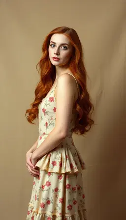 woman with long wavy red hair in a vintage beige floral dress with ruffled hem and lace trim, standing against a textured neutral backdrop, captured in a 1940s kodachrome slide aesthetic: saturated rich reds, deep blues, warm yellows, slight warm bias, high‑key tonal range, dense blacks and brilliant whites, with fine‑grain sharpness and nostalgic archival feel. soft studio lighting, elegant pose, shallow depth of field, muted earth tones softened by the vivid kodachrome palette, 85mm portrait lens.