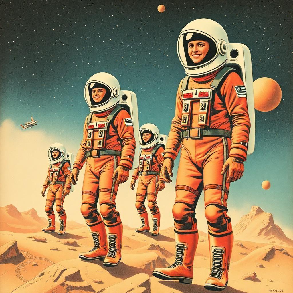 Craft a retro-futuristic collage where the vintage aesthetic meets the limitless cosmos. Picture human figures drawn in pop art style, clad in retro space suits, their actions frozen like pages in a comic book coming to life, evoking a sense of nostalgia for a future that might have been.