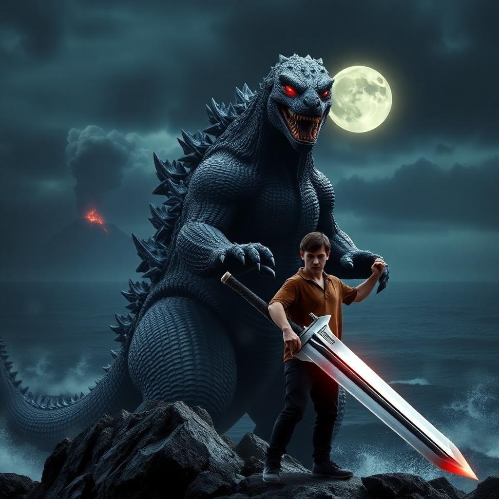 Dark gray, muscle-bound Godzilla, Komodo dragon horns, glowing red eyes. Fearful face.  Man, short dark hair, brown shirt, dark pants, holds large, gleaming sword.  Rocky outcrop, dark ocean. Distant volcano erupts, smoke darkens stormy sky. Moonlight highlights Godzilla's scales, man's fear.  Sharp, textured Godzilla skin.  Dramatic, gritty, cinematic style.  Man's small size emphasizes Godzilla's immense power.  Ocean waves crash on jagged rocks.
