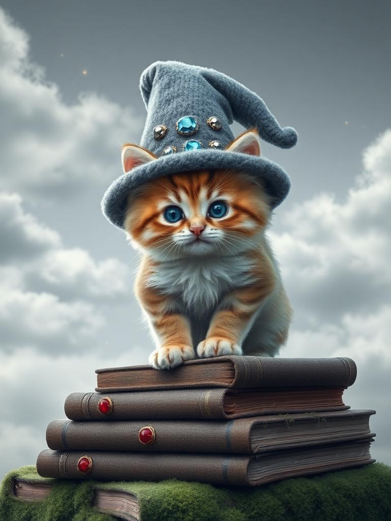 a cute, fluffy kitten wears a soft, fuzzy wizard hat with blue and white stones. it stands on a pile of big, mossy books with red gems on them. the sky is soft and gray, with gentle, fuzzy clouds and small, shining stars. the air is quiet, with a few sparkles from magic dust. the kitten's fur is warm and cuddly, like a soft blanket. the books and hat are covered in a soft, green moss that feels gentle to touch.