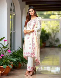 Create a realistic full-body photo using my reference image. Keep my face and identity unchanged. Dress me in the same cream-white salwar kameez with pink floral embroidery, matching dupatta, earrings, watch and heels. Long loose wavy hair, graceful pose facing the camera, beautiful home garden background, soft natural daylight. Match the reference photo closely.