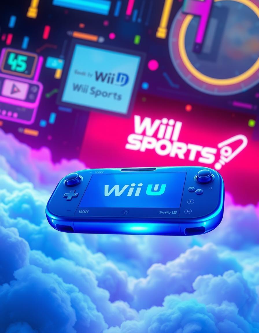 in a futuristic, cyberpunk-inspired digital realm, a shiny, vibrant blue wii u disc floats serenely amidst a sea of pixelated clouds and radiant neon lights, its smooth surface reflecting a kaleidoscope of colors and giving off a mesmerizing, faint glow. the wii u disc, with its vibrant blue hue, is reminiscent of a character, embodying the essence of futuristic entertainment. nearby, the iconic wii sports logo is displayed prominently, symbolizing the fun and excitement of playing various sports games. the atmosphere is electric with anticipation, as if the wii u disc is poised to unleash a multitude of thrilling gaming experiences, from tennis to bowling, and everything in between, inviting users to engage in friendly competitions and entertaining activities, all set against a captivating backdrop of retro video game aesthetics blended with sleek, modern cyberpunk elements.