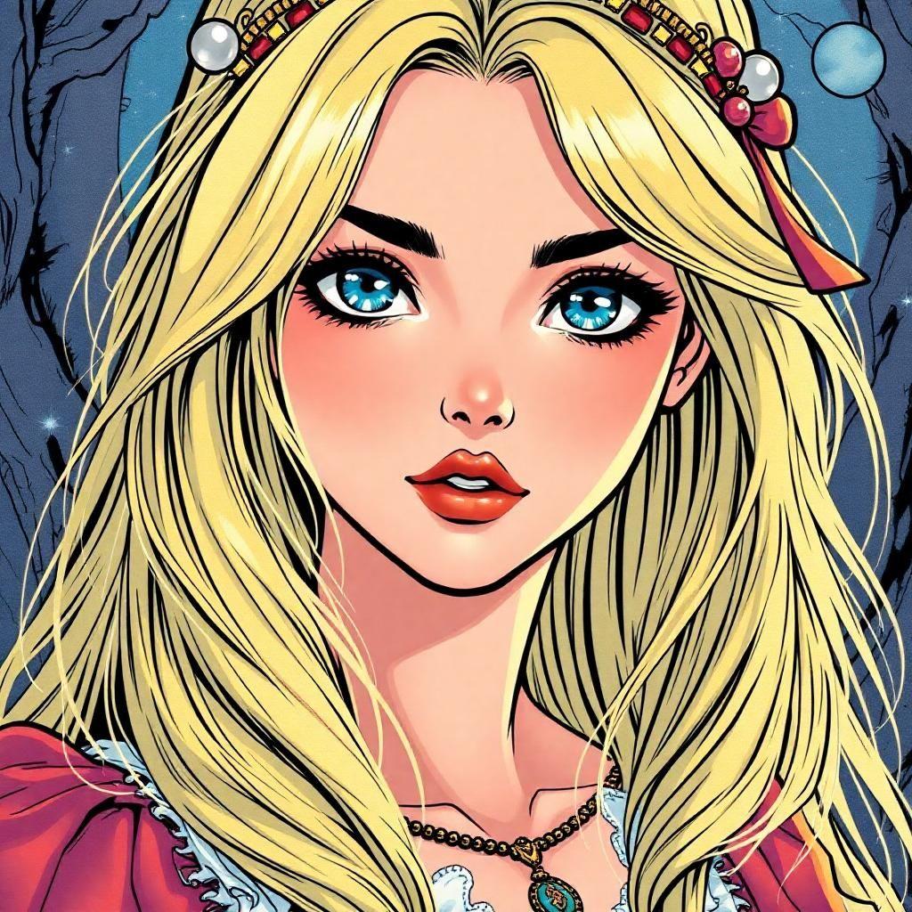 Create a spellbinding femme anime character, adorned with cascading locks of blonde hair and entrancing blue eyes, reminiscent of a fairy tale enchantress. Immerse her in a vibrant, vintage comic book universe, where each detail pops with color and precision that blurs the lines between fantasy and reality.