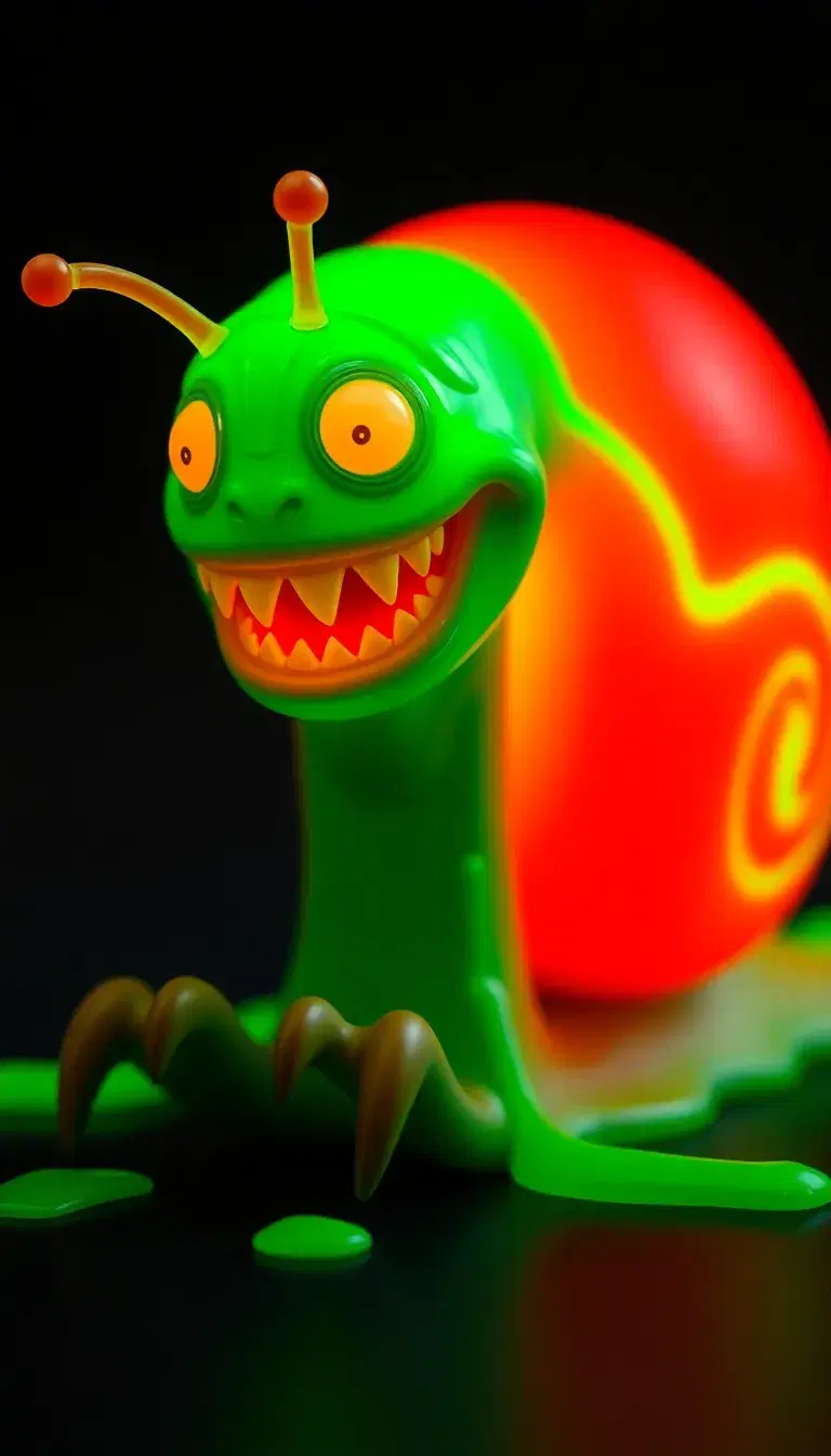 "A toy snail monster with glowing neon shell, cartoon face stretched into creepy grin, slime trail glowing green, plastic 3D horror toy collectible, detailed render"