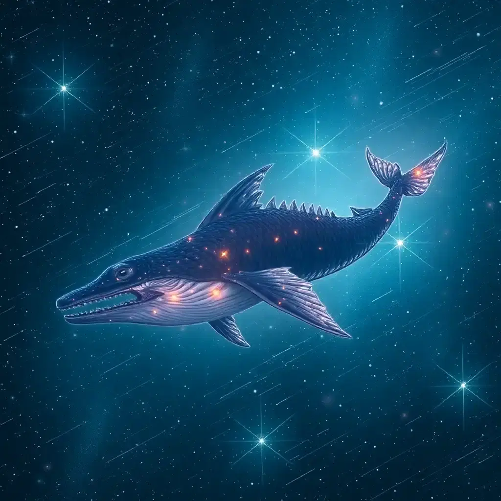 Amid a scintillating meteor shower, an ethereal leviathan emerges from a shimmering sea of stars. With scales as dark as the void and fins that flicker with rainbow luminescence, it glides through space with graceful majesty. Stars bow to its passage, illuminating the universe in fleeting moments of brilliance. As the leviathan sings, its haunting melody transcends the bounds of reality itself.