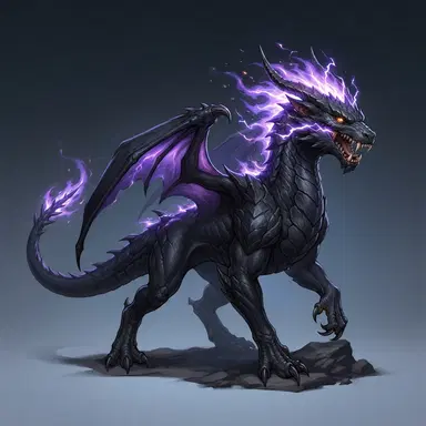 original monster oc, dragon-wolf creature, obsidian scales, amber crest, violet energy mane, characterful creature concept art
