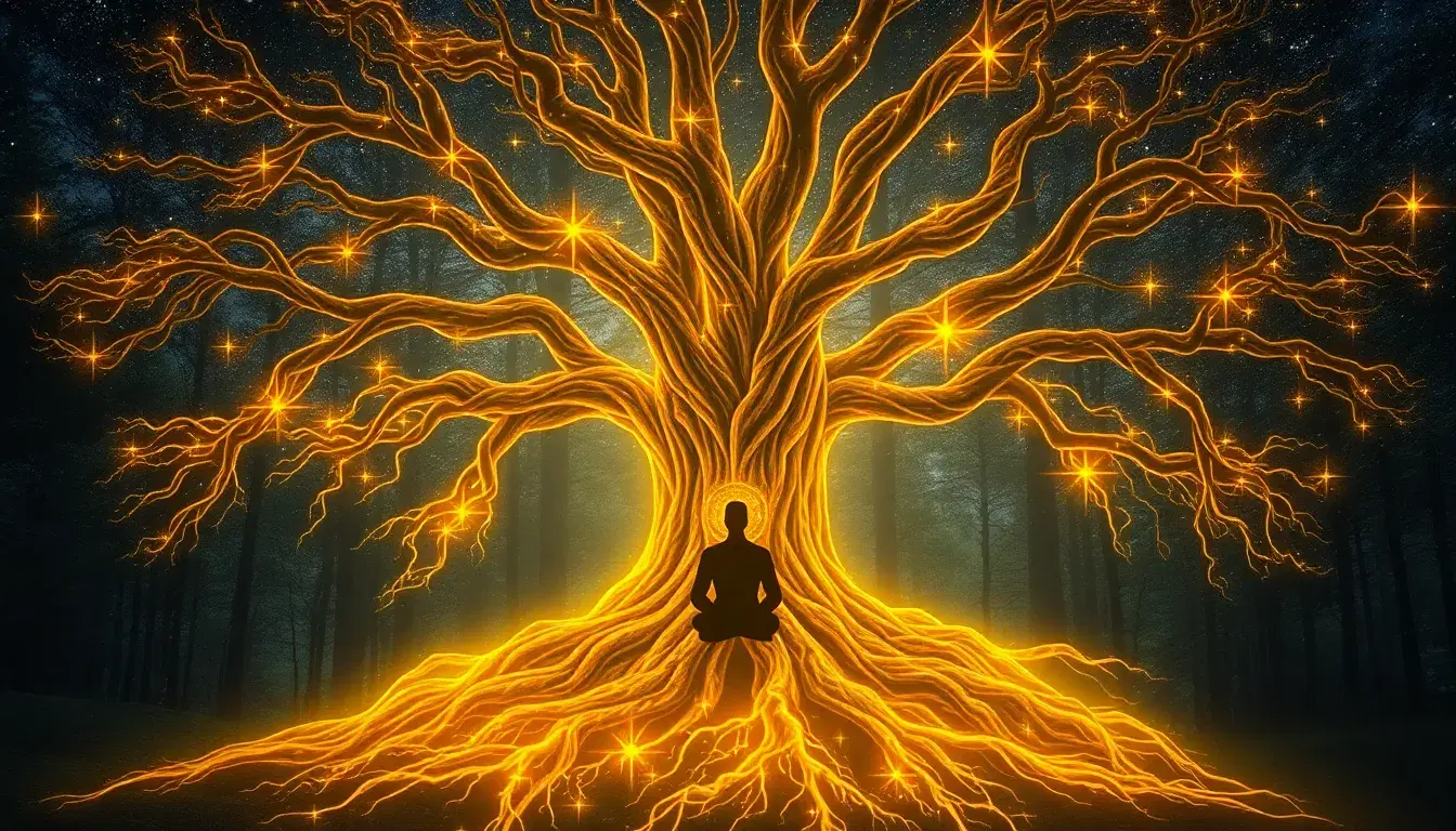 An ancient tree with golden roots extending into a universe of stars, the trunk transforms into a human silhouette sitting peacefully, no distinction between nature and spirit, mystical forest background, spiritual symbolic art, luminous and timeless
