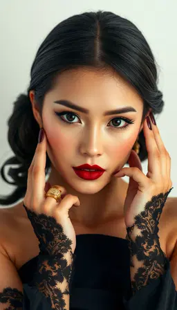 Ultra-photorealistic luxury beauty portrait using the uploaded image as an exact facial reference, strict FACE LOCK. Sleek dark low bun, glowing natural model skin, winged eyeliner, deep burgundy lips, black floral lace gloves, gold rings and chunky gold bracelet, strapless black outfit, elegant pose with hands framing the face, soft white studio background, cinematic beauty lighting, 85mm lens, shallow depth of field, realistic skin texture, high-end fashion editorial.
