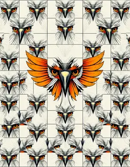 bird pattern design for t‑shirt, grid mosaic layout with tight uniform cells forming a cohesive whole, each cell containing a distinct fragment of the bird motif, vibrant graphic composition, facing gaze layout where each bird fragment’s implied gaze aligns to create invisible vectors that structure the frame, guiding the viewer’s eye through an implied geometric network of power dynamics and emotional tension.