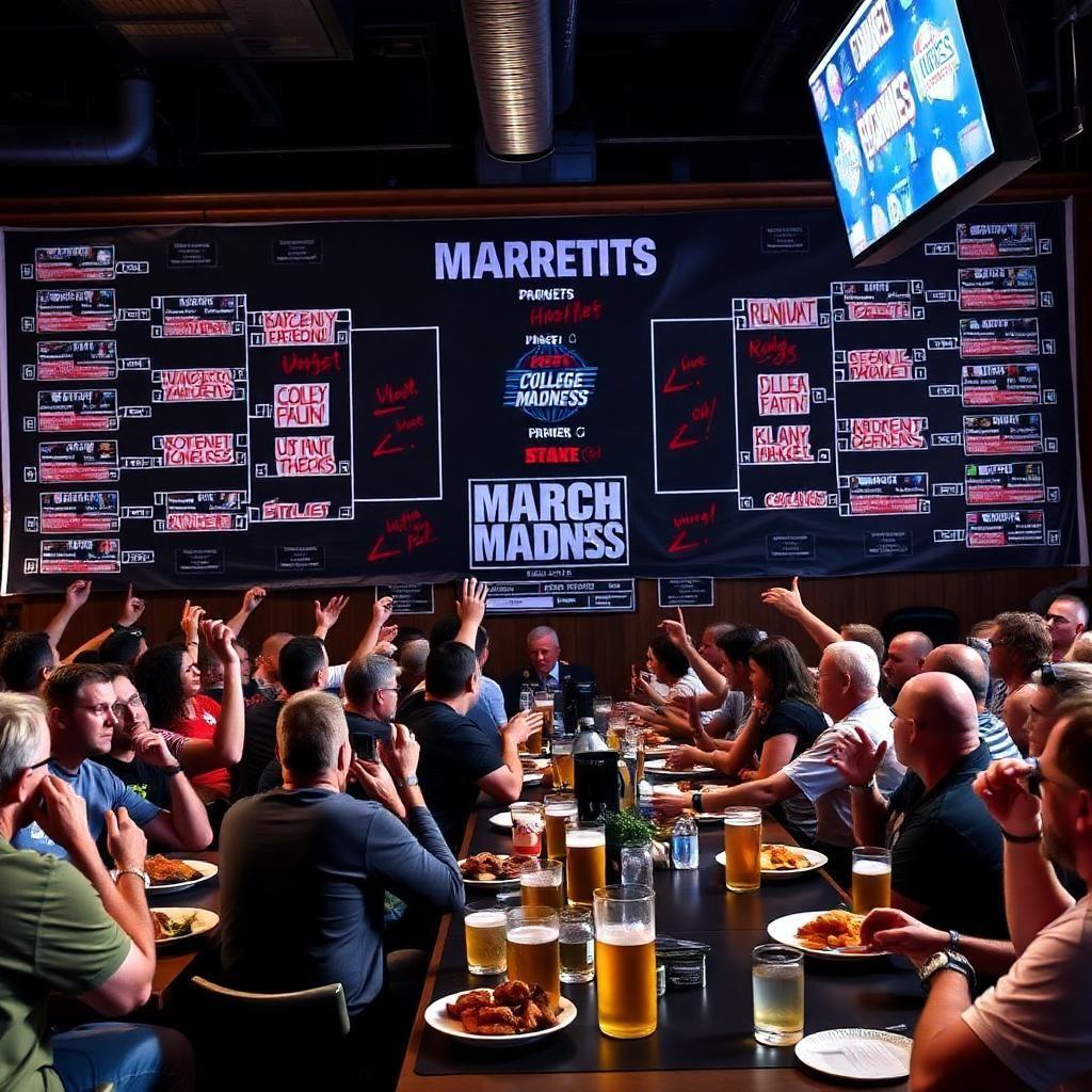A massive March Madness bracket displayed in a sports bar, filled with red markers as fans update the results. Groups of passionate college basketball fans cheer, groan, and debate as they watch the games on giant screens. Plates of wings and pitchers of beer sit on tables as people celebrate upsets and heartbreaks, their bracket hopes hanging by a thread. The intensity of the tournament is undeniable, as Cinderella teams rise and giants fall.