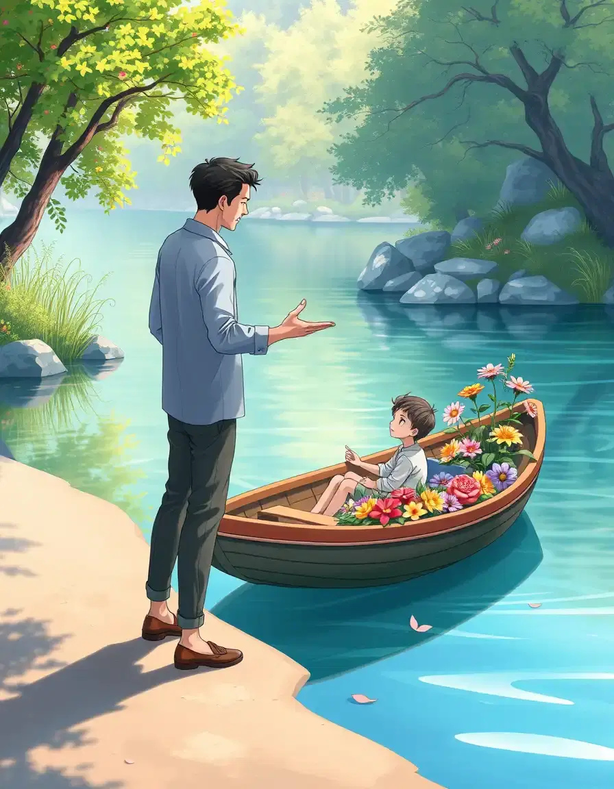 handsome man standing on a clean shore beside a beautifully drawn anime cel shaded river, one arm outstretched and speaking to the people on the calm water. a small boy sitting in a beautiful anime cel shaded boat handles colorful flowers in the boat.