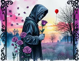 watercolor cold-press medium with granular textures and organic edge diffusion, soft blooms and feathered gradients created by water saturation, untouched paper highlights giving natural internal luminosity, transparent washes building delicate depth, capillary action producing fine speckling and atmospheric nuance; digital gothic collage featuring a hooded figure holding a vibrant purple rose, monochrome skin with selective purple saturation, ornate frame surrounded by scattered roses, skull, lightning, vertical text, moody high‑contrast atmosphere, sharp focus and intricate fantasy art details; graffiti style urban visual language of aerosol diffusion, high‑velocity stroke patterns and aggressive chromatic saturation, neon hues and exaggerated lettering layered with drips, splatters and reflective street illumination, kinetic energy on textured concrete surface; watercolor fluid rendering with pigment dispersion, capillary flow and selective diffusion, wet‑on‑wet soft gradients and drier granular edges, semi‑transparent layering, negative‑space highlights and cool desaturated shadows building atmospheric depth; punk art chaos cyberpunk depiction with bold gritty linework, neon pink, yellow and green palette, high‑contrast grungy textures, intense apocalyptic aesthetic and dynamic chaotic composition evoking dystopian rebellious energy; ink illustration with dense pigment silhouettes, high‑contrast sharp edges, controlled dilution washes producing subtle tonal gradations, micro‑feathering on textured paper, precise graphic storytelling; hand‑painted anime/manga key visual style blending traditional watercolor and ink wash techniques with soft cel‑shaded gradients reminiscent of makoto shinkai and studio ghibli, quiet dreamy winter sunset over a grassy urban community park facing northeast, sky in blush pink, lavender, burnt orange bleeding into dusky blue with visible watercolor bloom and delicate ink linework, a single red balloon on a black string drifting into the distance, fine inked ribbon catching last light, rolling frost‑touched grass rendered in loose textured brush strokes, bare trees with fine sumi‑e ink branches silhouetted and backlit by glowing sun, long painted shadows, soft paper‑grain texture throughout, mood wistful, tender, cinematic stillness.