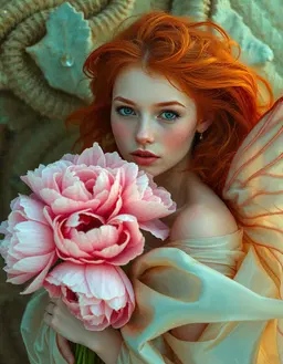A young realistic wholesome beautiful angelic natural woman, pouty mouth, ruddy cheeks, in a vibrant, cosmic aura, her thick wild orange hair and luminous complexion, she is holding large bouquet of pink peonies , flower fairy set amidst a rich, layered textures, tones of teal and aqua golden hues blend in a dreamlike dance, with delicate, shimmering threads infused with glowing fairy dust, and an unfolding, iridescent silk gown that unfurls across her body in a fluid, organic silhouette