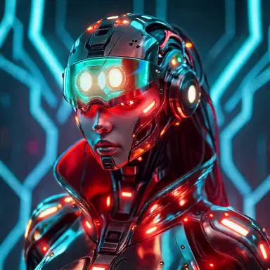 (female Protogen),cyberpunk,mechanical,glowing eyes,metallic surface,digital display,advanced technology,futuristic,neon lights,electromagnetic field,sharp edges,streamlined design,digital organism,biomechanical,mysterious atmosphere,glass visor,enhanced senses,energetic pose,invisible circuits,holographic projections,colorful wires,female cyborg