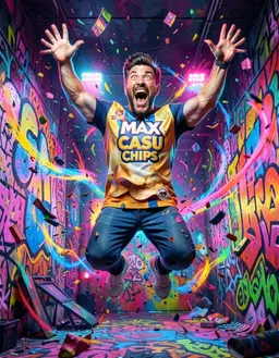 MAX CASU CHIPS stands in a chaotic, vibrant setting, eyes wide with wild excitement, mouth open in a manic laugh. He is mid‑jump, arms flung upward, fingers splayed, surrounded by swirling colorful debris and neon‑slick graffiti that pulses with energy. The scene is a dizzying kaleidoscope of crazy colors and erratic brushstrokes, the lighting flickering like strobe lights, casting dramatic shadows across his figure. The atmosphere throbs with hyper‑active motion, emphasizing the insane, over‑the‑top style of the composition.