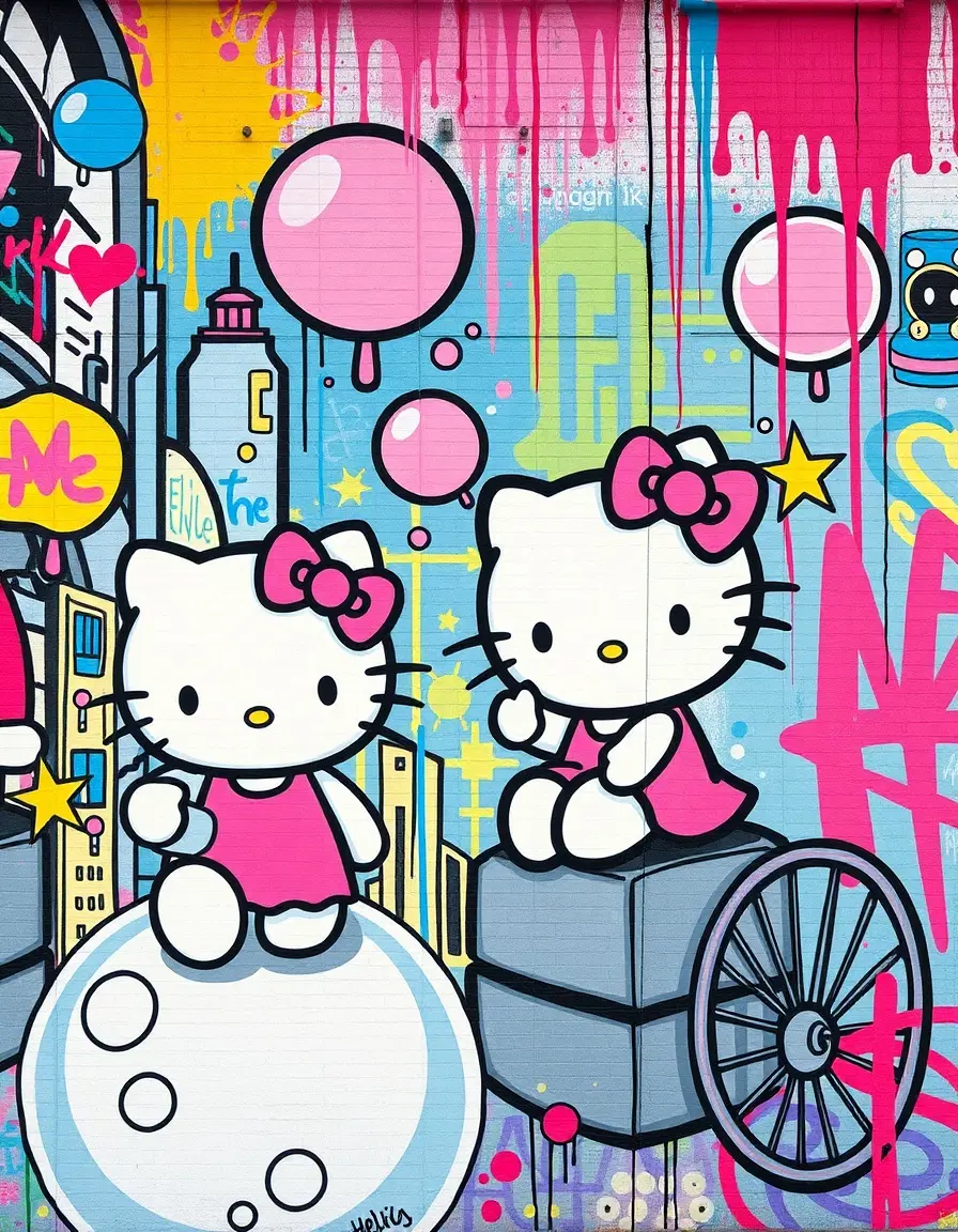 a whimsical hello kitty bubble world urban aesthetic in the style of vibrant street art graffiti.