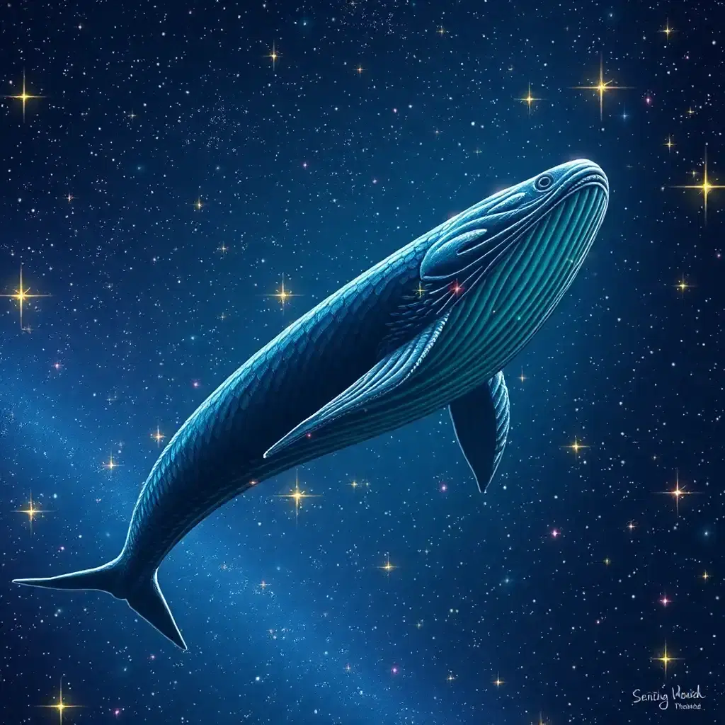 Amid a scintillating meteor shower, an ethereal leviathan emerges from a shimmering sea of stars. With scales as dark as the void and fins that flicker with rainbow luminescence, it glides through space with graceful majesty. Stars bow to its passage, illuminating the universe in fleeting moments of brilliance. As the leviathan sings, its haunting melody transcends the bounds of reality itself.