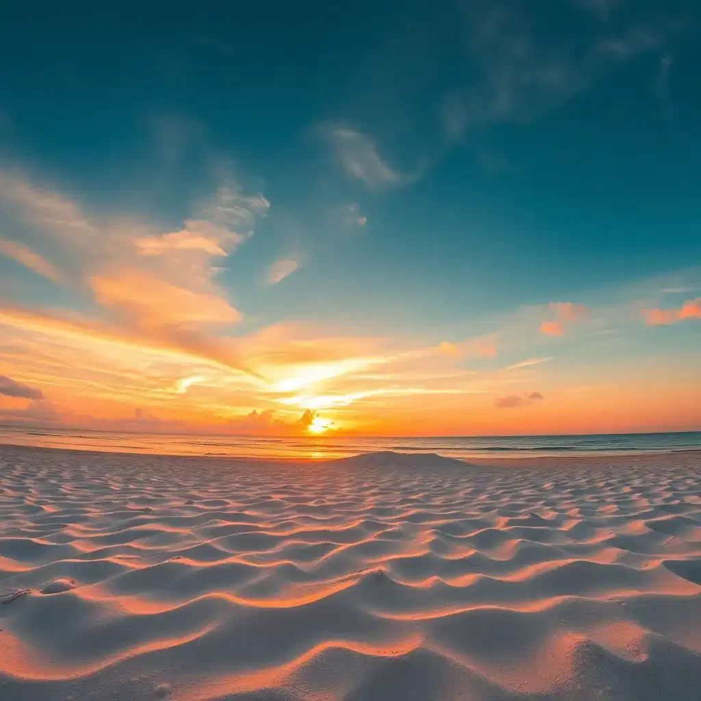 wonderful sunset sand paradise island, sea in the background, orange, bronze and gold colours, masterpiece, wide angle, 8k