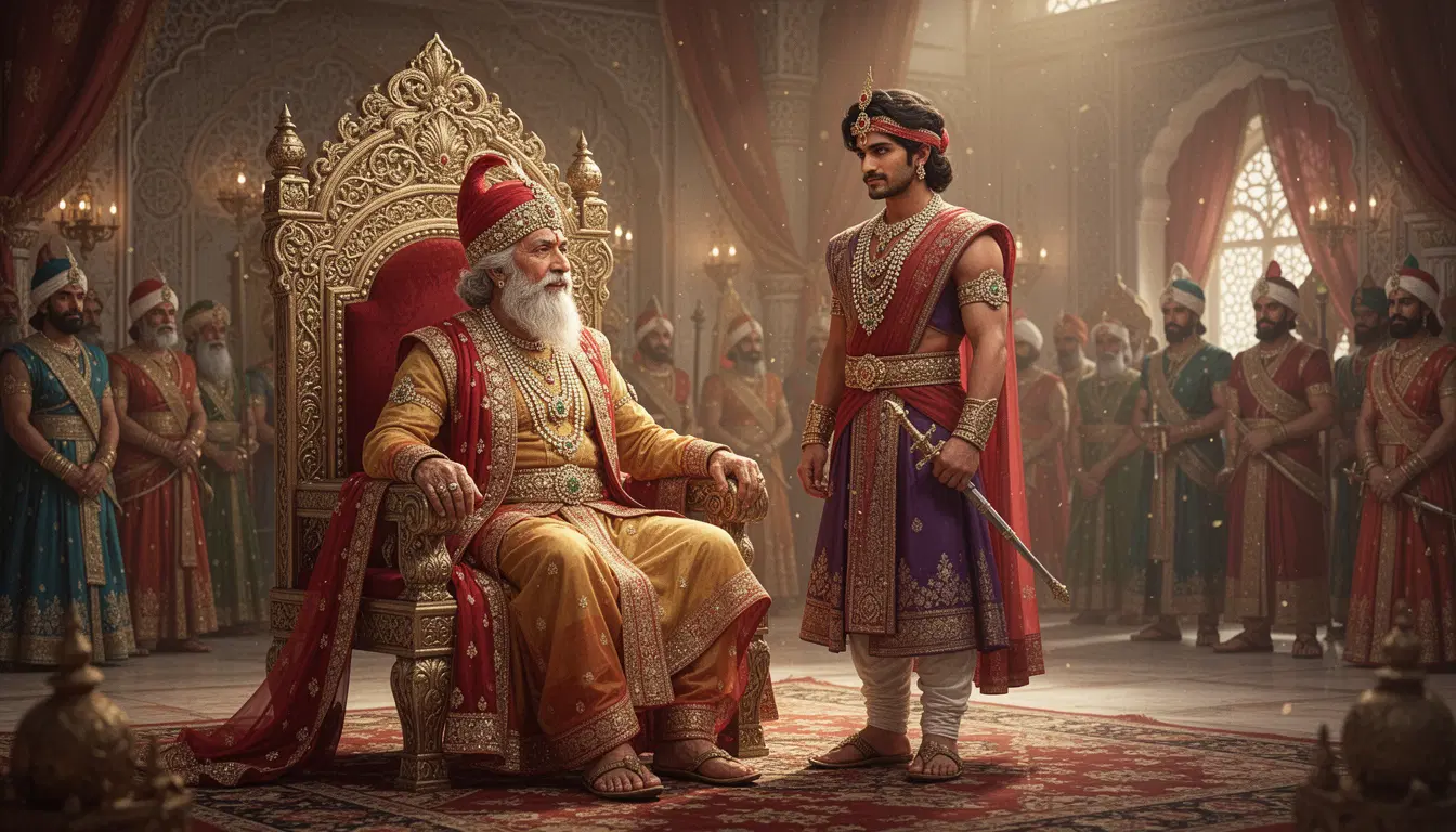 Kind old Indian king Veersen sitting on throne, young brave prince Aranya standing beside him, royal court, warm emotional atmosphere, traditional Indian royal attire, cinematic fantasy art, ultra realistic