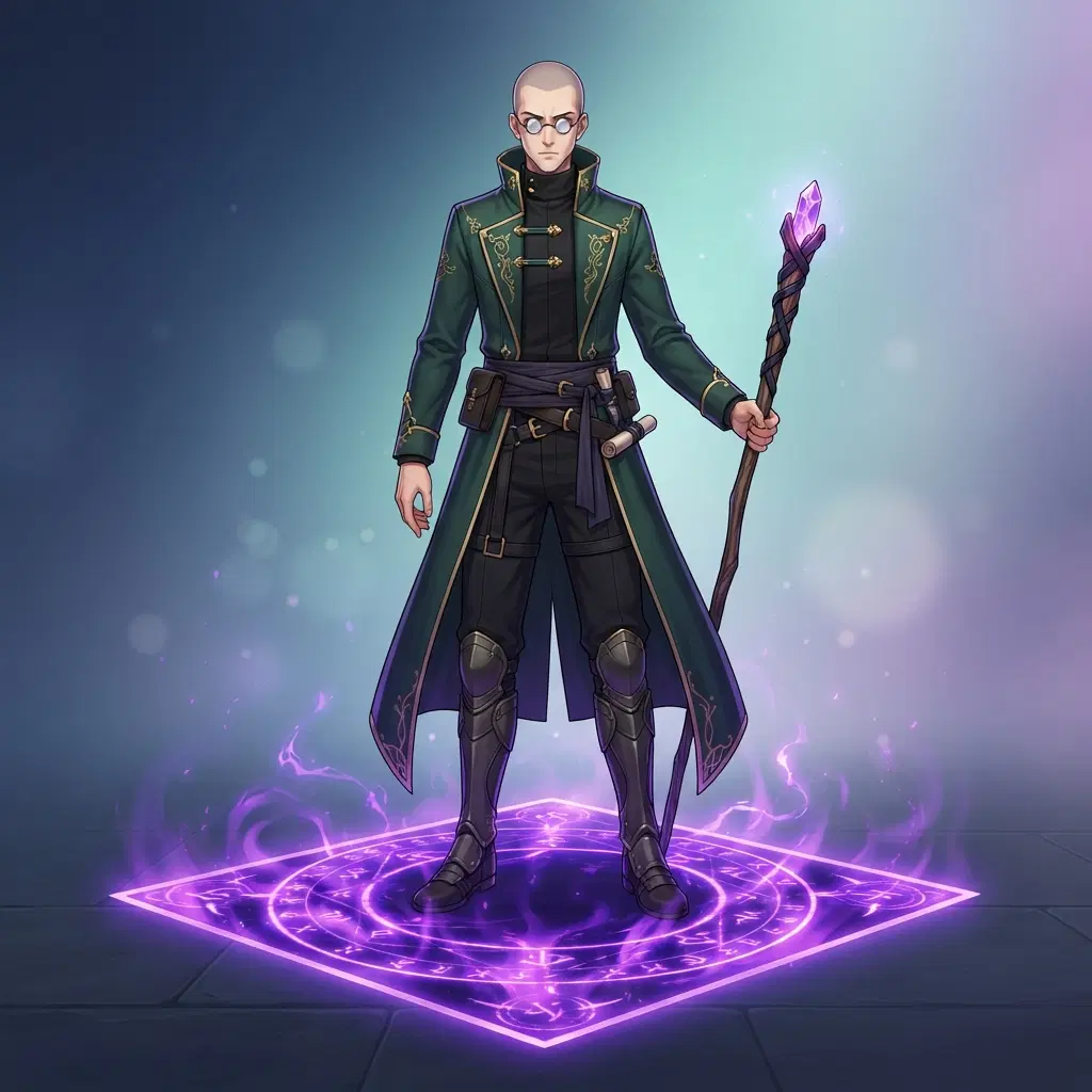 Anime illustration, full body, original tall sorcerer man with a shaved head and round glasses, dark green coat over a black uniform, deep purple cursed energy forming a square glowing floor under his feet, clean soft gradient studio background, crisp