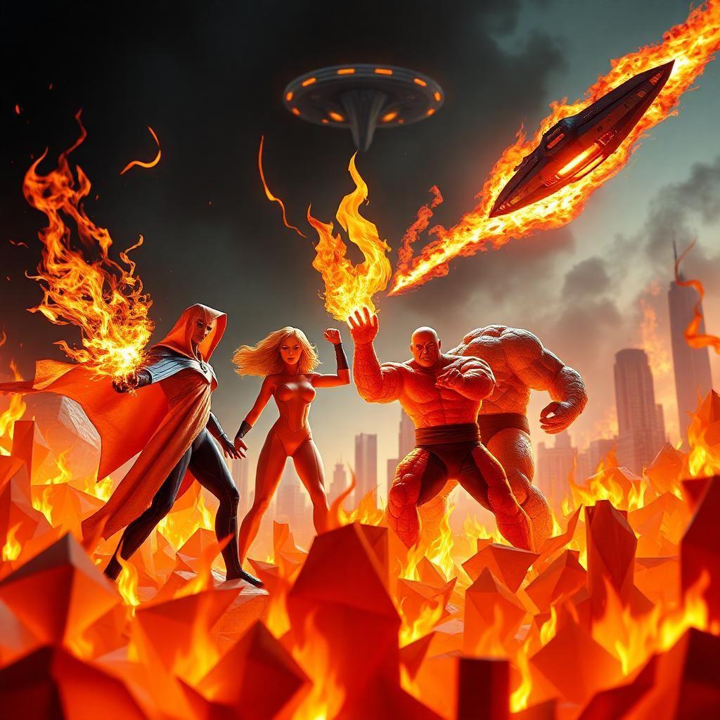 a fiery scene unfolds as the fantastic four unleash their powers from the midst of origami art, crafted from delicate paper folds that wither in the intense heat, like intricately folded paper snowflakes morphing into blazing inferno, shielding the team from an energy blast. the invisible woman's fiery force field crackles around them, its fragility accentuated as flames dance upon its partially shrouded paper form. the human torch blazes through the sky, leaving behind a scorching trail that sears and burns the paper creations. the thing's rocky form glows with intense heat, standing defiant amidst the fiery chaos amidst an origami landscape, as if made of twisted, folded flames. the futuristic cityscape burns bright as an alien ship looms ominously overhead, casting an eerie shadow on the delicate paper world below.