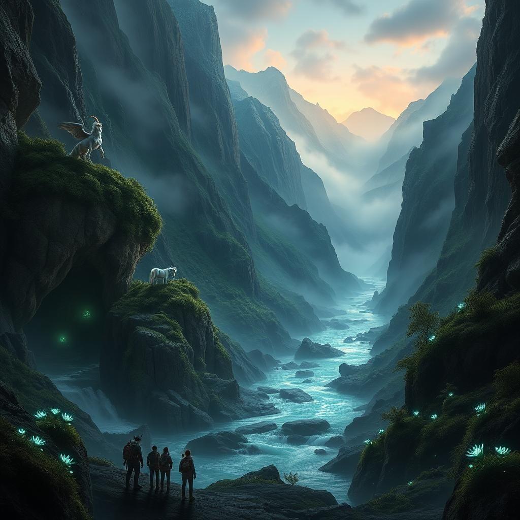 A breathtaking, ultra-realistic hidden valley untouched by time, surrounded by towering, mist-covered mountains. Within this lost world, mythical creatures roam freely—majestic unicorns drink from a crystal-clear river, massive griffins perch atop rocky cliffs, and an ancient dragon slumbers in a cave, its body partially covered in moss and vines. The atmosphere is otherworldly, with bioluminescent plants glowing under the twilight sky. A group of explorers stands at the valley’s edge, silhouetted against the ethereal light, realizing they’ve just discovered a land where legends are real.