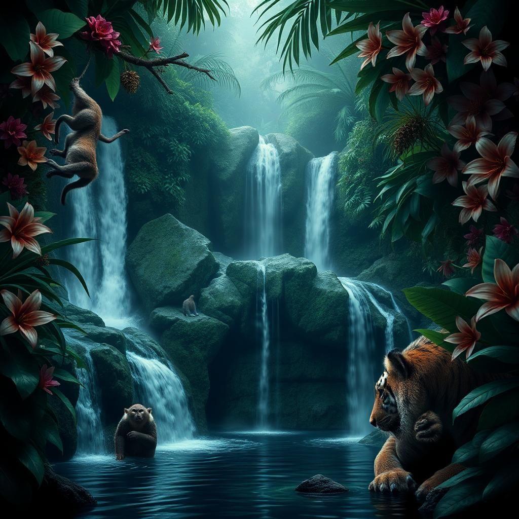 a hidden tropical paradise, where waterfalls turn into slides into natural pools that splash dark and mysterious. exotic flowers bloom with muted hues that whisper a faint smile. monkeys hang upside down and cast sinister glances, while a tiger attempts a stealthy dance. the air echoes with hushed whispers of hidden animals, like a dark comedy in a forgotten jungle.