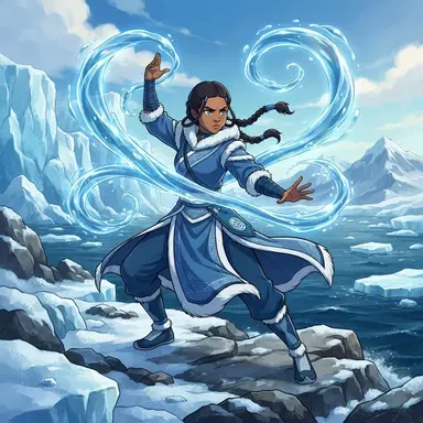 original waterbender character, blue and white robes, ribbons of water swirling around her arms, arctic coastline, cel-shaded animated series style, vibrant, crisp high detail