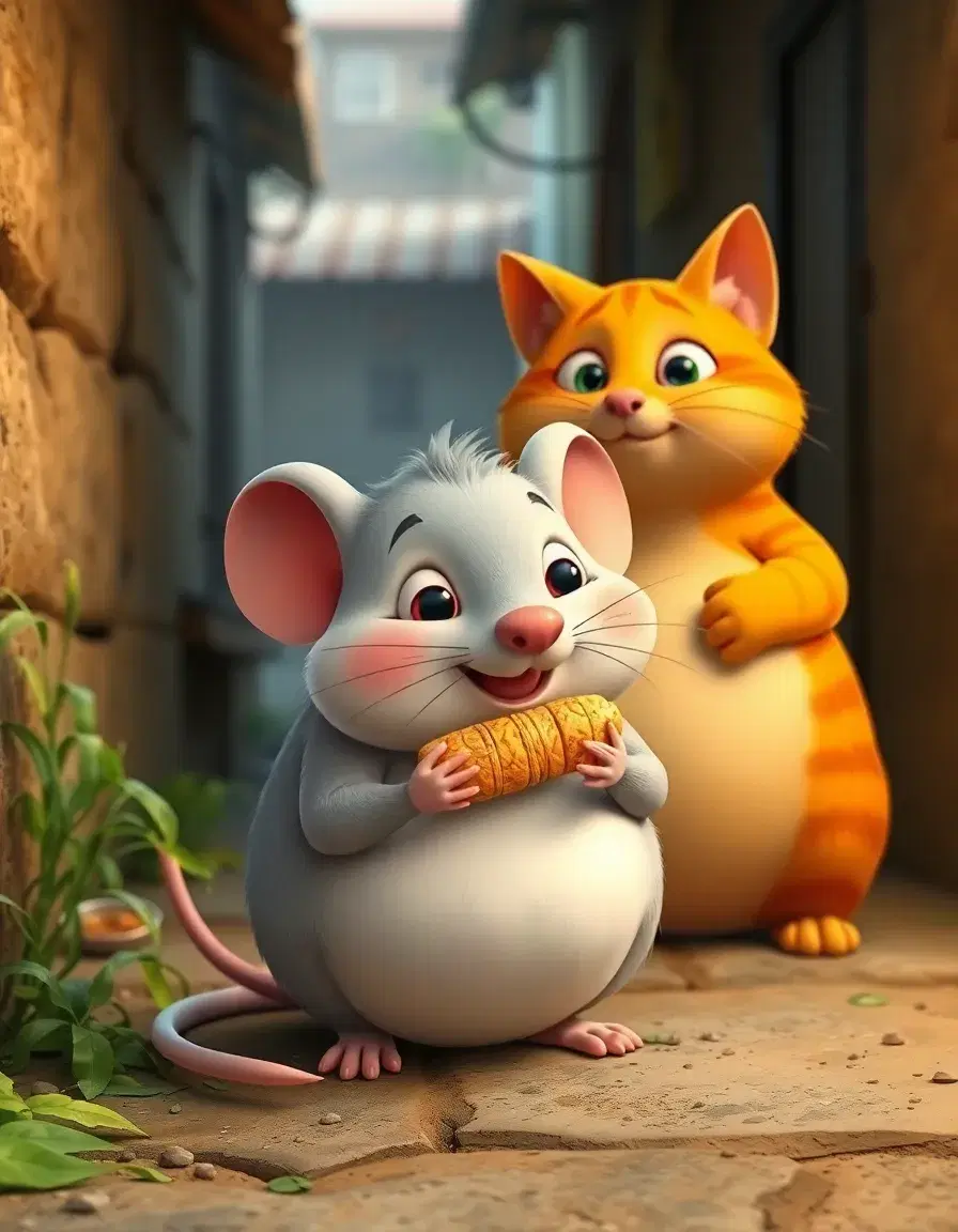 3D HD cartoon, fat round mouse eating roti in a small village street,  fat cat behind watching with naughty eyes, same characters.