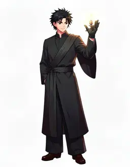 character full drawing of male, a grown jujutsu sorcerer out on assignment in a tailored light-brown suit worn over a dark shirt with the sleeves pushed back, a bright pale-blue glow of cursed energy curling around one raised hand, standing squarely on both feet in polished dark shoes, fully clothed, black hair, messy, shaggy laye hair like a wolf cut, brown eyes, black high-collared curse-user robes, elegant and refined, in the style of Jujutsu Kaisen anime, MAPPA-inspired art, crisp cel shading, high-contrast lighting, full body from head to feet, standing, facing forward, plain flat white background