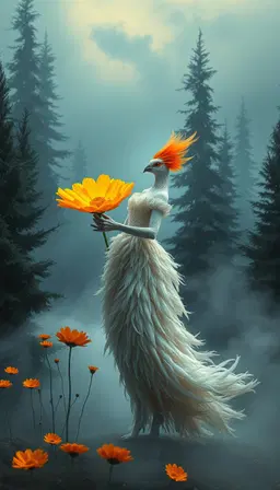 dancing bird‑faced woman holding a molten glass flower, forest of trembling feather trees, luminous bright orange cosmos flowers, dress of layered fabrics with frayed iridescent edges, misty feather forest at dusk, tall dark evergreen silhouettes fading into cool blue‑gray fog, light filtering through mist, floating golden dust particles, surreal masterpiece, mood of final calm: terminal serenity, evenly lit, gently fading, colors softened to pale blues, off‑whites, silvers, minimal motion, ceremonial quiet, featuring a more attractive, regal bird head with orange feathers.