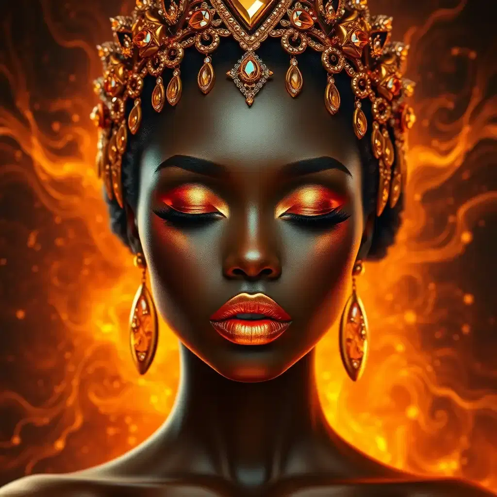 "A striking, high-fashion African American woman with deep, radiant ebony skin, adorned with elegant gold and copper accents that resemble flowing liquid metal across her face and body. Her eyes are closed, showcasing shimmering metallic eyeshadow in rich bronze and fiery orange hues, framed by long, dramatic lashes. Her lips gleam with a luminous gold finish, reflecting a warm, ethereal glow. A regal headpiece adorned with delicate gemstones and metallic embellishments graces her crown, seamlessly blending with her futuristic and elegant aesthetic. The background is an abstract fusion of warm, glowing elements—swirling light, molten textures, and cosmic energy—enhancing the aura of power and grace she exudes. She embodies the essence of an elemental goddess, radiating strength, beauty, and divinity."

