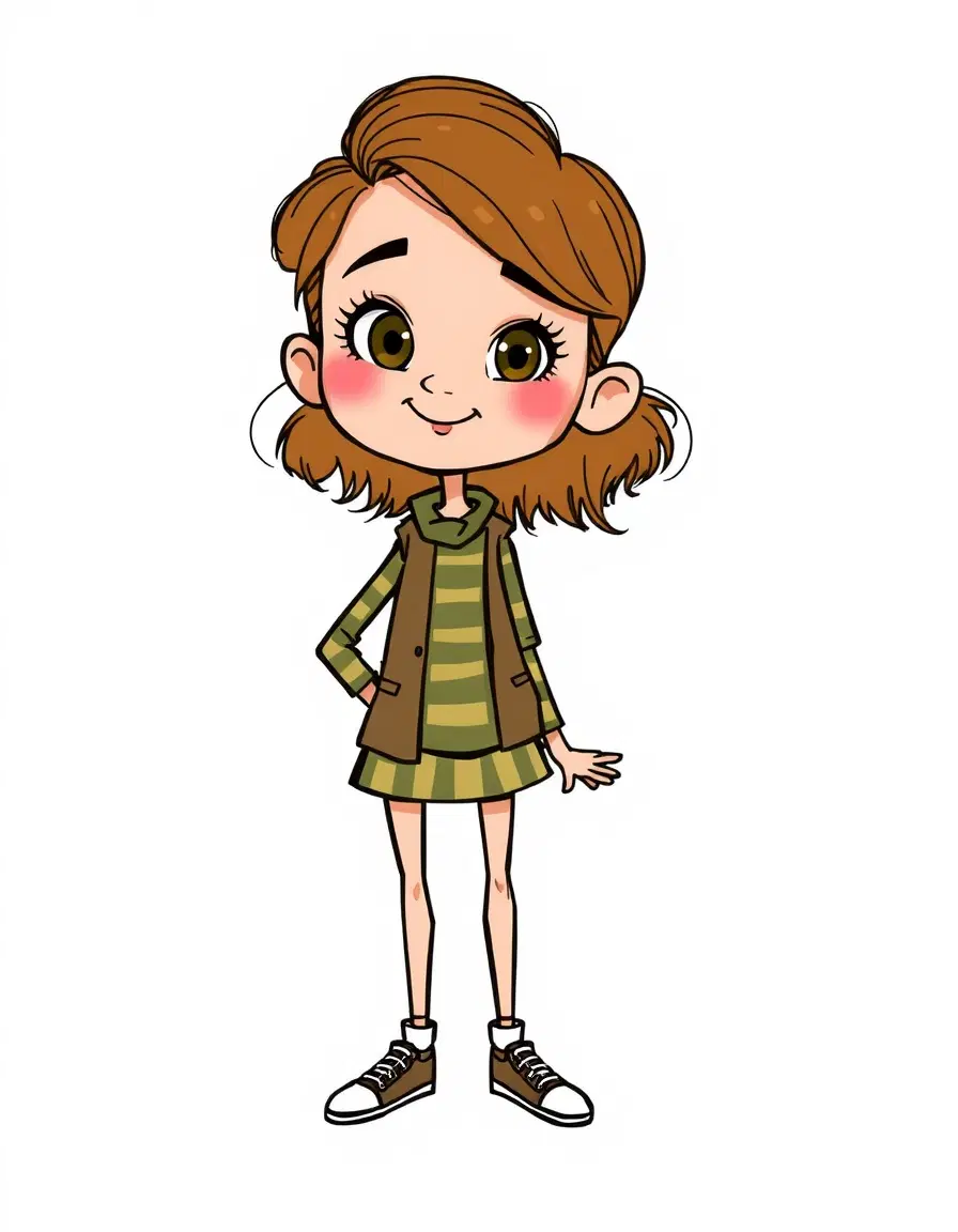 Transform the subject from the uploaded image into a character in the style of Charlie and Lola (children's cartoon). Match the official cartoon look - thin sketchy outlines, flat colors, childlike proportions, playful hand-drawn charm, and simple textures.

Retain the subject's original clothing, hairstyle, facial features, accessories, skin tone, pose, and expression - but reinterpret them as if they belong in the Charlie an
