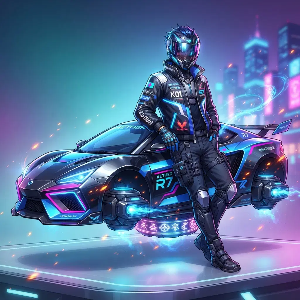 original character: a sharply dressed driver in a racing jacket and tinted visor leaning on a hovering sports car, high-gloss urban supernatural anime game art, clean soft gradient studio background, vibrant, crisp high detail, digital illustration