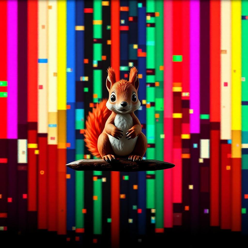 pixel art. screen. randomly colored columns of pixels. game sprites are severely distorted or misplaced, their distorted bodies and limbs stretching out to an unnatural degree as if pulled and warped by an unseen force. game is desperately trying to display two screens at the same time, the boundaries between the screens beginning to blur and fade in a riot of color. in the center of this chaotic mess, a small paper-like 2d model of a furry red squirrel sits perched, its eyes wide with a look of timeless detachment amidst the digital mayhem.