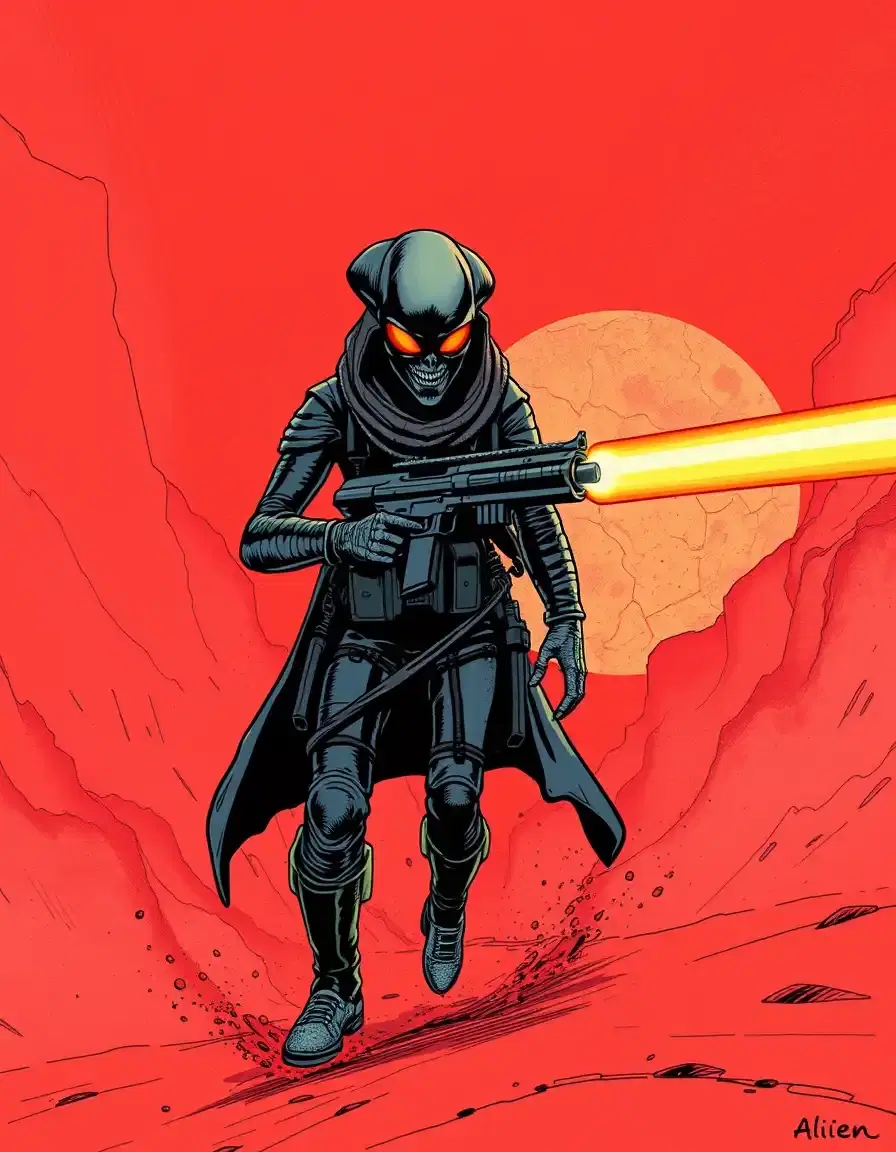 Alien bounty hunter with plasma gun walking through a red sandstorm, comic book style, thick ink outlines, bold colors, dramatic lighting, 1980s graphic novel style