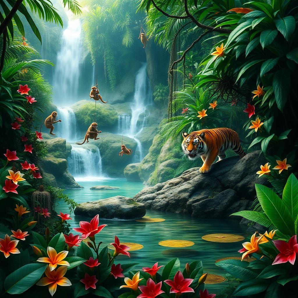 A hidden tropical paradise, where waterfalls cascade into natural pools surrounded by dense jungle. Exotic flowers bloom in every direction, their petals rich with vibrant hues. A family of playful monkeys swings from the vines while a lone tiger watches from the shade, its amber eyes gleaming. The air is thick with the songs of unseen creatures, and the entire scene feels like a glimpse into a lost Eden.