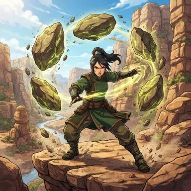 original earthbender character, green and brown tunic, boulders levitating around her, rocky canyon, cel-shaded animated series style, vibrant, crisp high detail