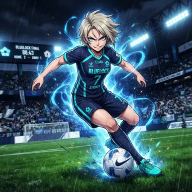 original Blue Lock style soccer anime character, female striker with ash blonde hair and sharp teal eyes, navy jersey number 7, digital illustration