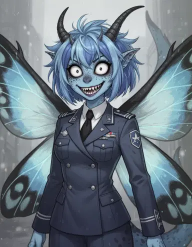 Anthro oc of a hybrid of dragon and moth, color scheme: blue, white, cyan, black, grey, female, short messy bob hairstyle, wide insane eyes, black sclera, freckles, military uniform, sharp big teeth, creature design, monster creature furry art,