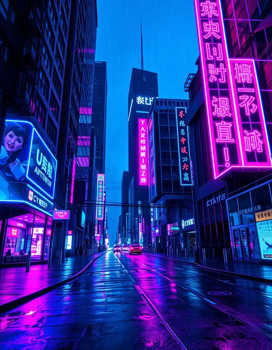 cyberpunk glitch art style, neon electric blue, vibrant purple, glowing pink, pixelated scan lines, rgb channel shifts, corrupted typography, rain-soaked streets, low‑angle perspective, decaying cityscape, holographic billboards, glitch artifacts.