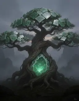 Epic fantasy concept art, 21:9 ultra-widescreen. A massive, weathered bonsai tree with gnarled wood bark roots wrapped around a glowing emerald geode crystal. The leaves are crafted from distinct, overlapping raw jade tiles catching a silvery twilight glow. Moody volumetric fog, deep shadows, masterwork clarity