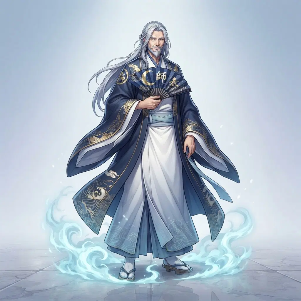 Anime illustration, full body, original older clan elder in layered white and dark blue robes with a fan, silver hair, pale blue cursed energy mist at his feet, clean soft gradient studio background, vibrant, crisp