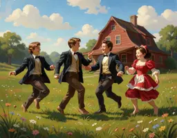 Lorenzo “Cobbles” Vance and Hunter Segal join a Commedia dance with Pierrot and Colombina in a 19th‑century oil painting style. The four figures move gracefully across a sunlit green meadow, barefoot, their dynamic motion captured with impressionist brushwork. Behind them a red wooden farmhouse sits under a blue sky dotted with white clouds, while wildflowers bloom in the foreground. The scene is bathed in warm natural lighting, shallow depth of field emphasizing the dancers, creating a nostalgic rural atmosphere.