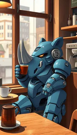a stylish humanoid rhino robot lounges in a quiet coffee shop, exuding a relaxed “eh, whatever” attitude. its massive rhinoceros‑like body is rendered in chibi mature anime style, with detailed 2d linework and soft cel shading that highlights the glossy blue candy-finished armor. the robot’s spriggan-inspired mechanical design features refined, elegant panels and subtle chrome accents, giving it a sophisticated rather than aggressive appearance. it leans against a wooden cafe counter, sipping motor oil from a tiny espresso cup with a nonchalant smile. the cinematic cafe setting includes warm ambient lighting, a vintage espresso machine, steaming mugs, and a window overlooking a rainy cityscape, all drawn with a polished, cinematic look.