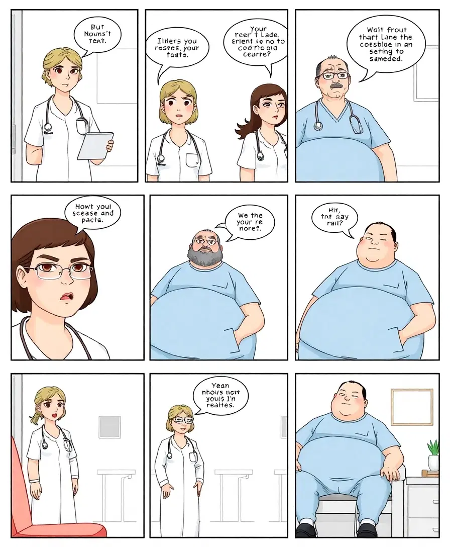 A single image comic strip with 10 panels. The SAME nurse and the SAME obese male patient appear in every panel. Consistent characters, same faces, same clothing in all panels. Orthopedic clinic setting. Clean simple comic style, no text, no speech bubbles, empty space.