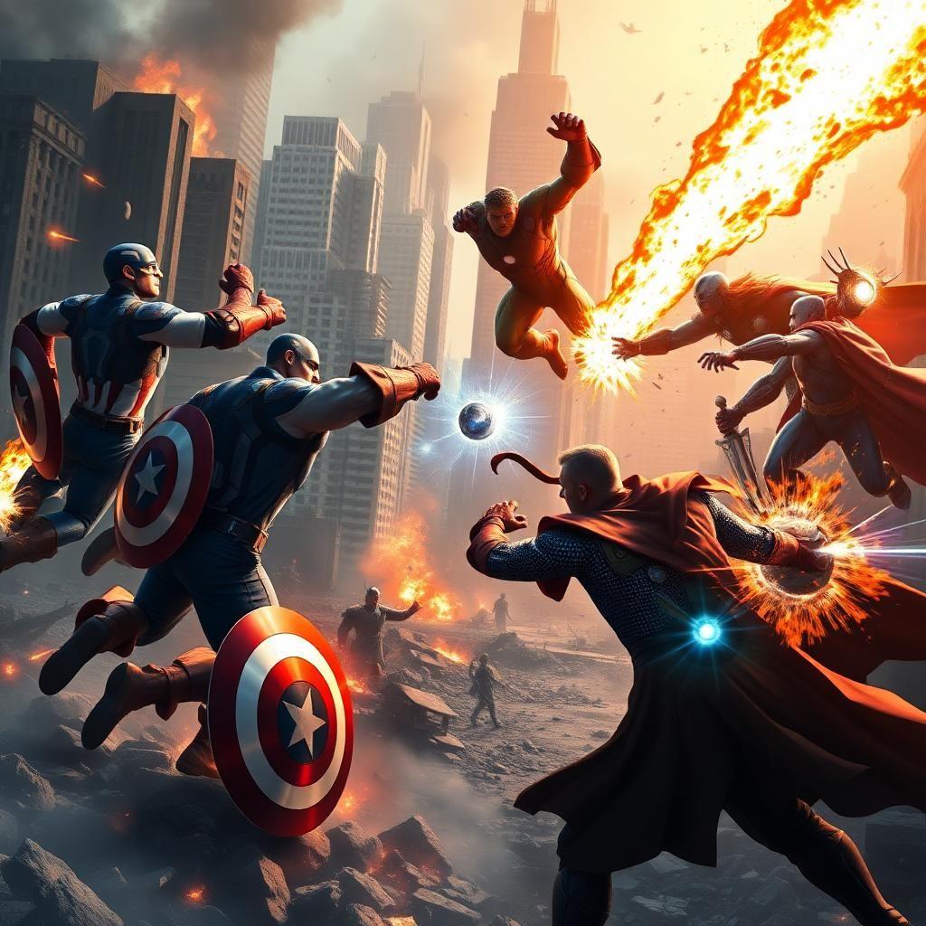 An epic battle scene between the Fantastic Four and the Avengers in a devastated cityscape, illuminated by fires and energy blasts. Captain America clashes with The Thing, their fists colliding with immense force. Mister Fantastic dodges Iron Man’s repulsor blasts, stretching his body around the attacks. The Human Torch races through the sky, leaving a fiery streak as he faces off against Thor, who swings Mjolnir. The Invisible Woman counters Doctor Strange’s spells with her force fields, both radiating energy as they try to overpower each other. The battle is chaotic yet balanced, with each hero’s abilities on full display, creating a visually stunning composition.